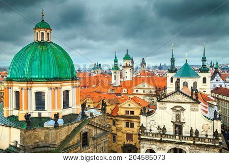 Amazing old town panorama with famous towers in best touristic town Prague Czech Republic Europe