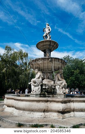 Budapest, Hungary - August 12, 2017:  Danubius Fountain in Budapest a sunny day of summer. Located in the Elesabeth Park is an important tourist attraction in Budapest.