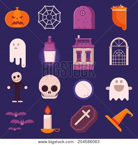 Halloween vector icons set in flat design. Including sweets bag, pumpkin head, skull, haunted house, ghost, bats, spider web and other traditional halloween symbols and elements.