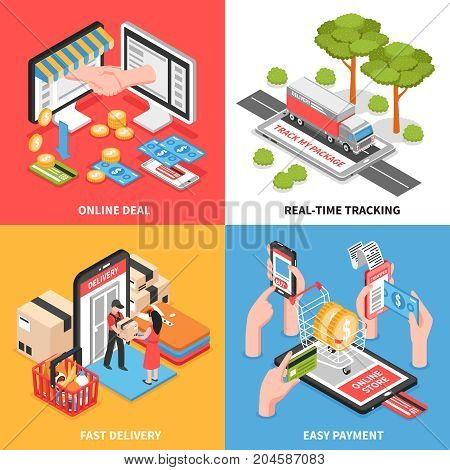 Shopping online e-commerce concept 4 isometric icons set with delivery tracking and easy payment isolated vector illustration