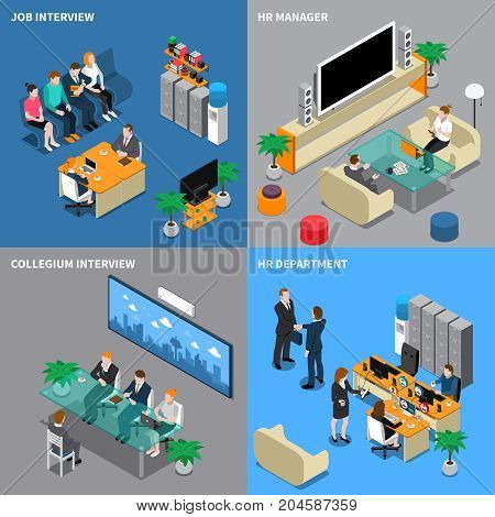 Four squares recruitment hiring HR management isometric people icon set with job interview hr manager hr department descriptions vector illustration