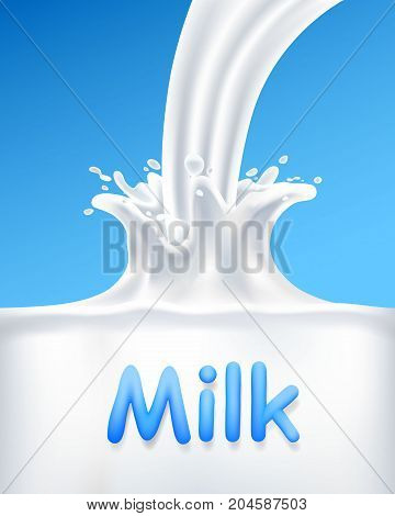 Pour milk into a container, vertical cover banner . Vector illustration