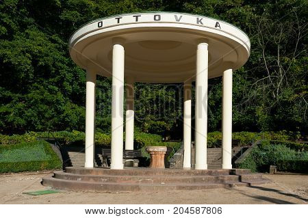 Healing mineral water spring called Ottovka. Spa town of Luhacovice, South Moravia, Czech Republic.