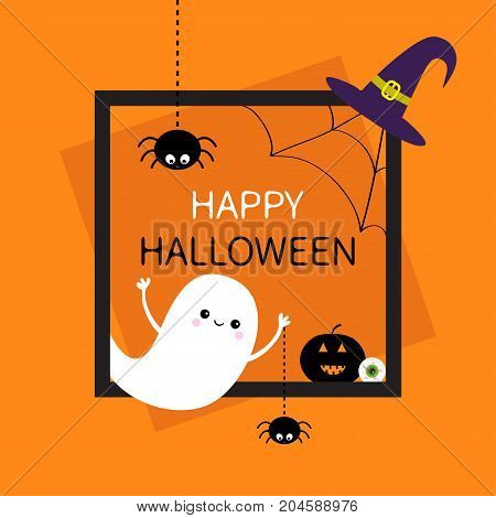 Happy Halloween. Square frame. Flying ghost monster head silhouette. Black spider dash line. Pumpkin eyeball witch hat. Cute cartoon baby character Flat design Orange background Vector illustration
