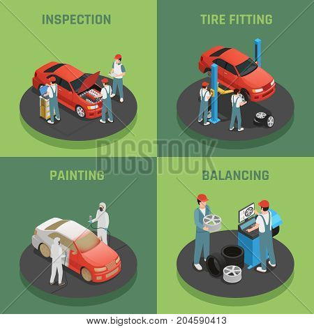 Vehicles repair and maintenance autoservice concept 4 isometric background icons square with car inspection balancing fitting vector illustration