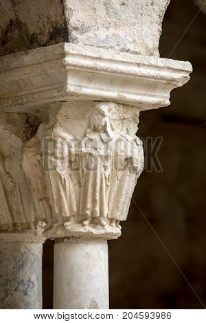 Romanesque capitals of the columns in the cloisters of the Abbey of Montmajour near Arles France