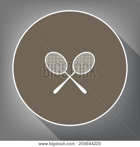 Two tennis racket sign. Vector. White icon on brown circle with white contour and long shadow at gray background. Like top view on postament.