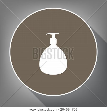 Gel, Foam Or Liquid Soap. Dispenser Pump Plastic Bottle silhouette. Vector. White icon on brown circle with white contour and long shadow at gray background. Like top view on postament.