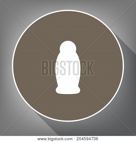 Gel, Foam Or Liquid Soap. Dispenser Pump Plastic Bottle silhouette. Vector. White icon on brown circle with white contour and long shadow at gray background. Like top view on postament.