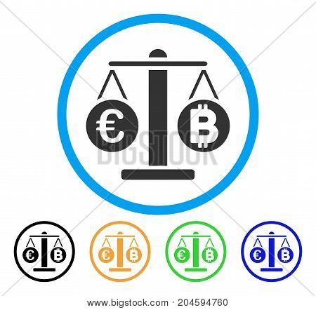 Euro And Bitcoin Scales icon. Vector illustration style is a flat iconic euro and bitcoin scales gray rounded symbol inside light blue circle with black, green, blue, yellow color variants.