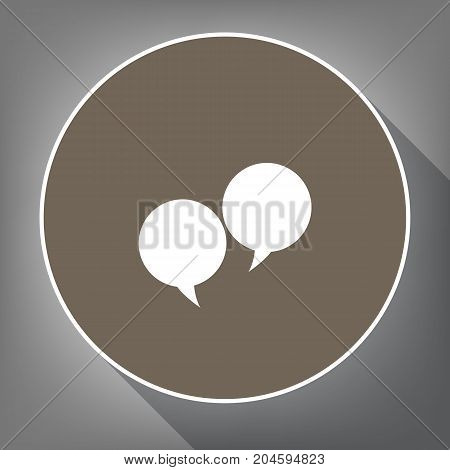 Two speech bubble sign. Vector. White icon on brown circle with white contour and long shadow at gray background. Like top view on postament.