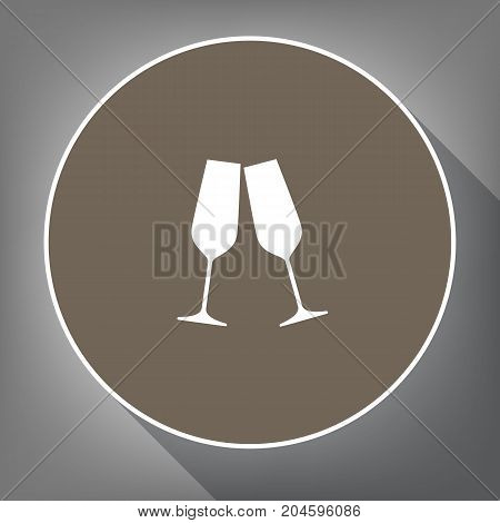 Sparkling champagne glasses. Vector. White icon on brown circle with white contour and long shadow at gray background. Like top view on postament.
