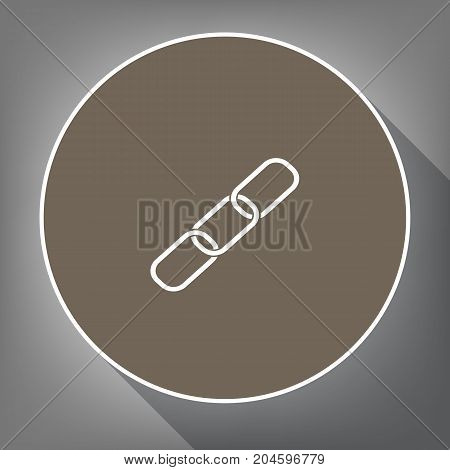 Link sign illustration. Vector. White icon on brown circle with white contour and long shadow at gray background. Like top view on postament.