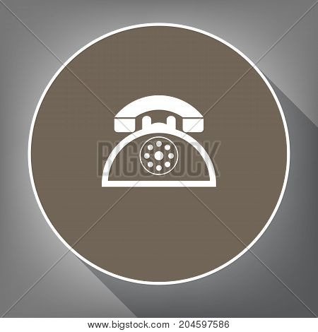 Retro telephone sign. Vector. White icon on brown circle with white contour and long shadow at gray background. Like top view on postament.
