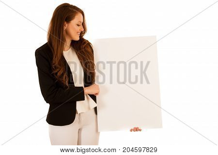 Attractive Business Woman Holding White Banner With Copy Spave For Additional Text Or Graphic Isolat