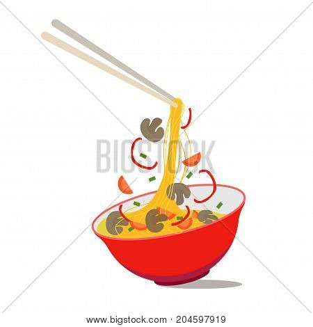 Cartoon Noodle Soup in Chinese Bowl Asian Food for Menus of Cafes and Restaurants Concept Flat Design Style. Vector illustration of Asia Ingredients Soup