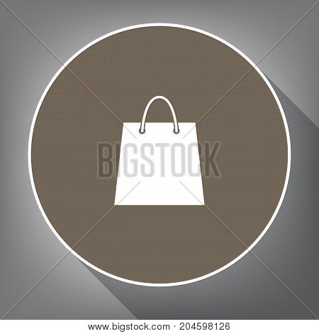 Shopping bag illustration. Vector. White icon on brown circle with white contour and long shadow at gray background. Like top view on postament.