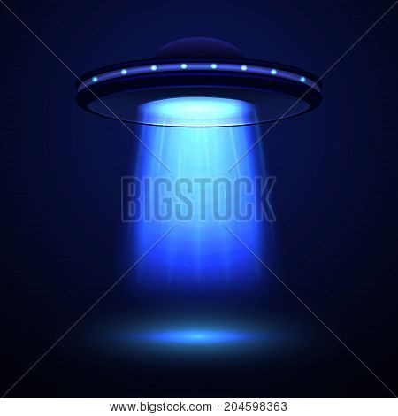 Realistic Detailed Aliens Spaceship or UFO with a Beam of Light on a Blue Concept of Invasion. Vector illustration of Cosmic Ship Flying Saucer