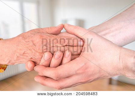 Man Holds Hands Of Eldery Woman. Senior Help Concept.