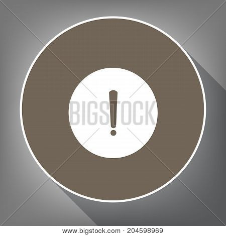 Exclamation mark sign. Vector. White icon on brown circle with white contour and long shadow at gray background. Like top view on postament.