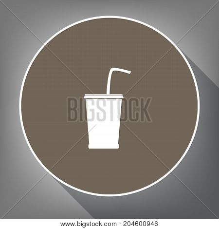 Drink sign illustration. Vector. White icon on brown circle with white contour and long shadow at gray background. Like top view on postament.