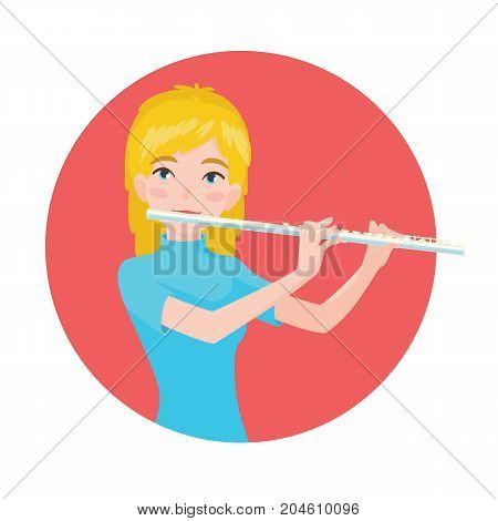 Musician playing flute. Girl flutist is inspired to play a classical musical instrument. Vector illustration in cartoon style in the red circle on white background for your design and print.