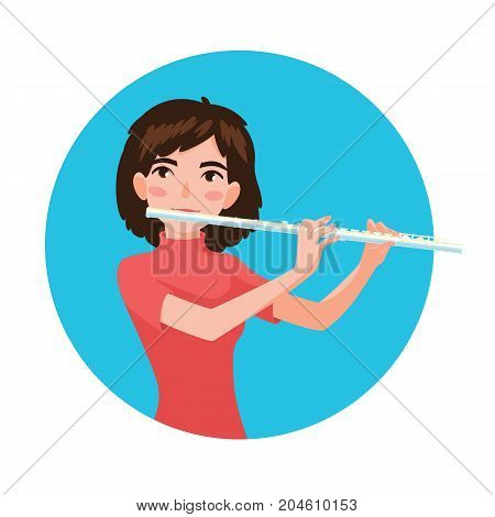 Musician playing flute. Girl flutist is inspired to play a classical musical instrument. Vector illustration in cartoon style in the blue circle on white background for your design and print.