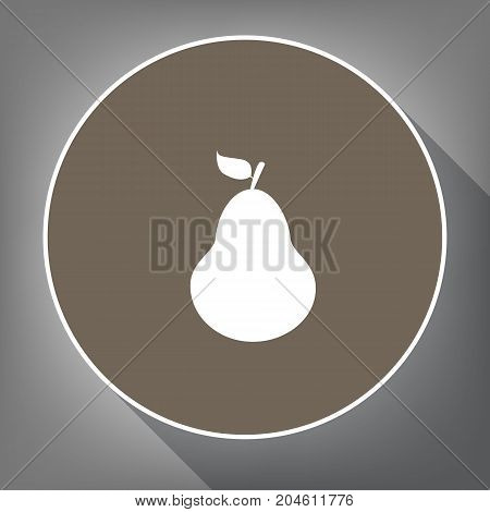 Pear sign illustration. Vector. White icon on brown circle with white contour and long shadow at gray background. Like top view on postament.