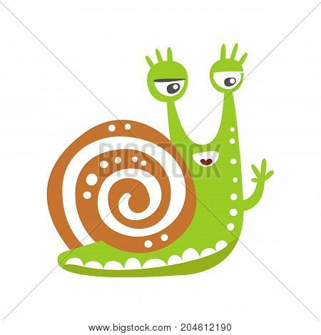 Cute snail character waving its hand, funny mollusk colorful hand drawn vector Illustration on a white background