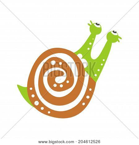 Cute snail character looking up, funny mollusk colorful hand drawn vector Illustration on a white background