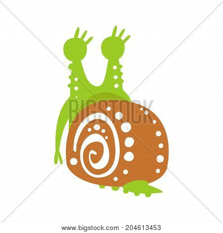 Cute snail character back view, funny mollusk colorful hand drawn vector Illustration on a white background