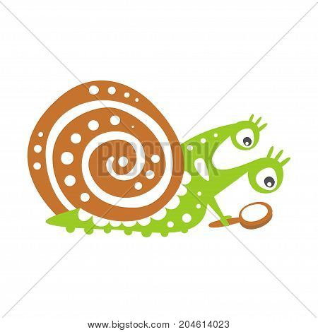 Cute snail character with magnifying glass, funny mollusk colorful hand drawn vector Illustration on a white background