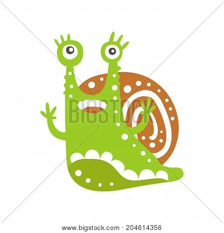 Cute snail character with its hands up, funny mollusk colorful hand drawn vector Illustration on a white background