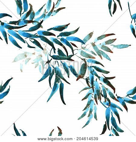 Pattern hand drawing watercolor blue and purple leaves ornament
