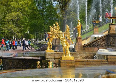 Peterhof, Russia - June 03. 2017. Gold sculptures of the Great Cascade Fountain