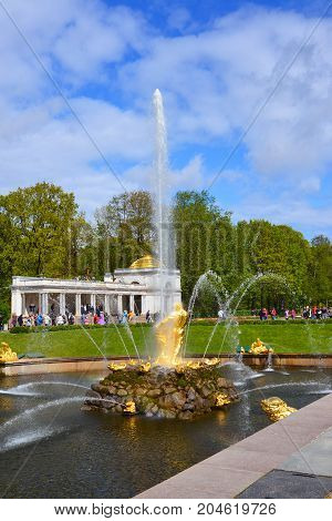 Peterhof, Russia - June 03. 2017. Samsons fountain tearing the jaws of a lion