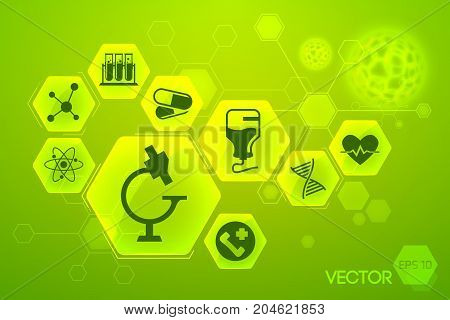 Medicine and science green poster with treatment symbols flat vector illustration