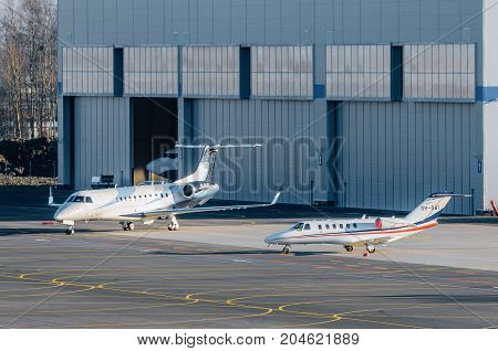 Several Business Jets At The Hangar Parking. Airport Pulkovo, Russia Saint-petersburg October 30, 20