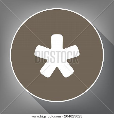 Asterisk star sign. Vector. White icon on brown circle with white contour and long shadow at gray background. Like top view on postament.