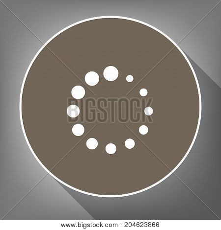 Circular loading sign. Vector. White icon on brown circle with white contour and long shadow at gray background. Like top view on postament.