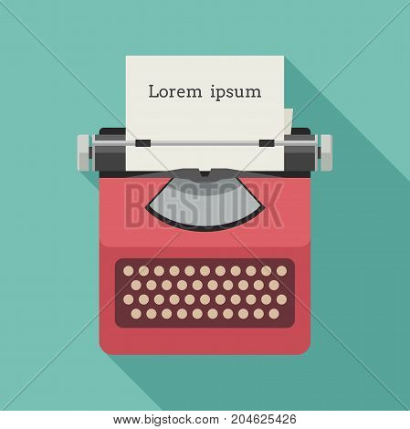 Typewriter with long shadow. Flat banner of manual vintage red typewriter with paper.