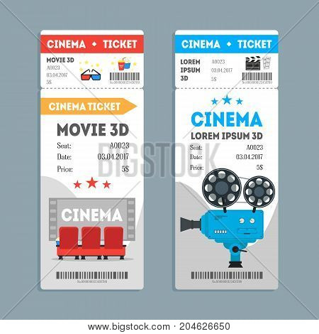 Cartoon Cinema Tickets Vertical Set on a Gray Background Flat Design Style Movie Admit. Vector illustration