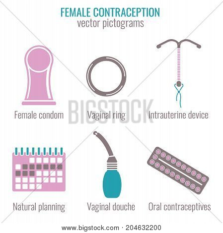Female contraception methods icons. Vector illustration in medical colour isolated on a white background. Flat pictograms collection.