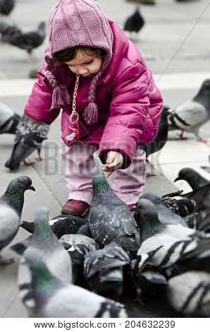 Baby girl feeding pigeons in the square