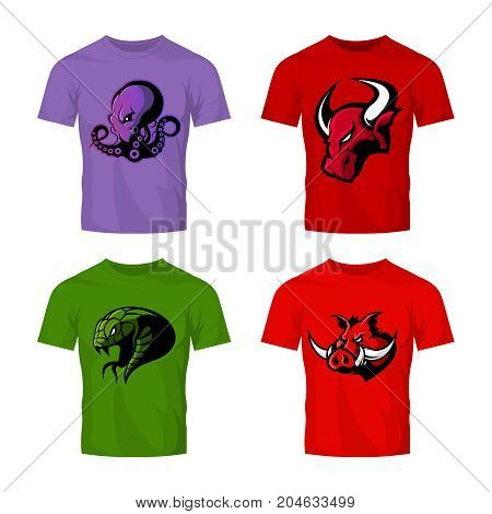 Furious octopus, bull, snake and boar sport vector logo concept set isolated on white. 
Street wear mascot team badge design. Premium quality wild animal emblem t-shirt tee print illustration.