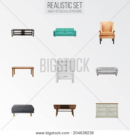 Realistic Cupboard, Settee, Table And Other Vector Elements