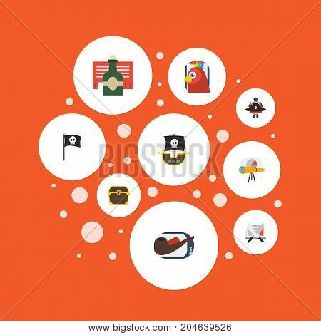 Flat Icons Bottle, Telescope, Macaw And Other Vector Elements