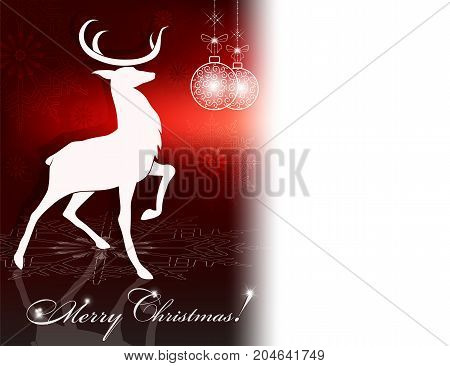 red christmas design with a deer with a raised paw, snowflakes and the text of a happy Christmas