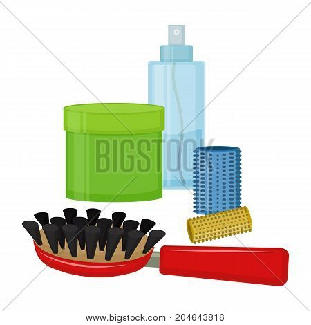 Set of colorful equipments for styling and hair care. Products for home remedies of hair care. Vector