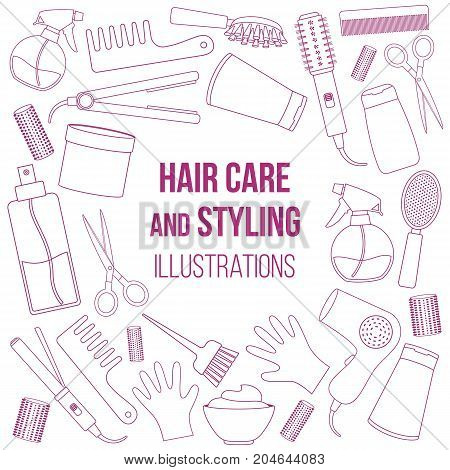Set of line equipments for styling and hair care. Products and tools for home remedies of hair care. Vector